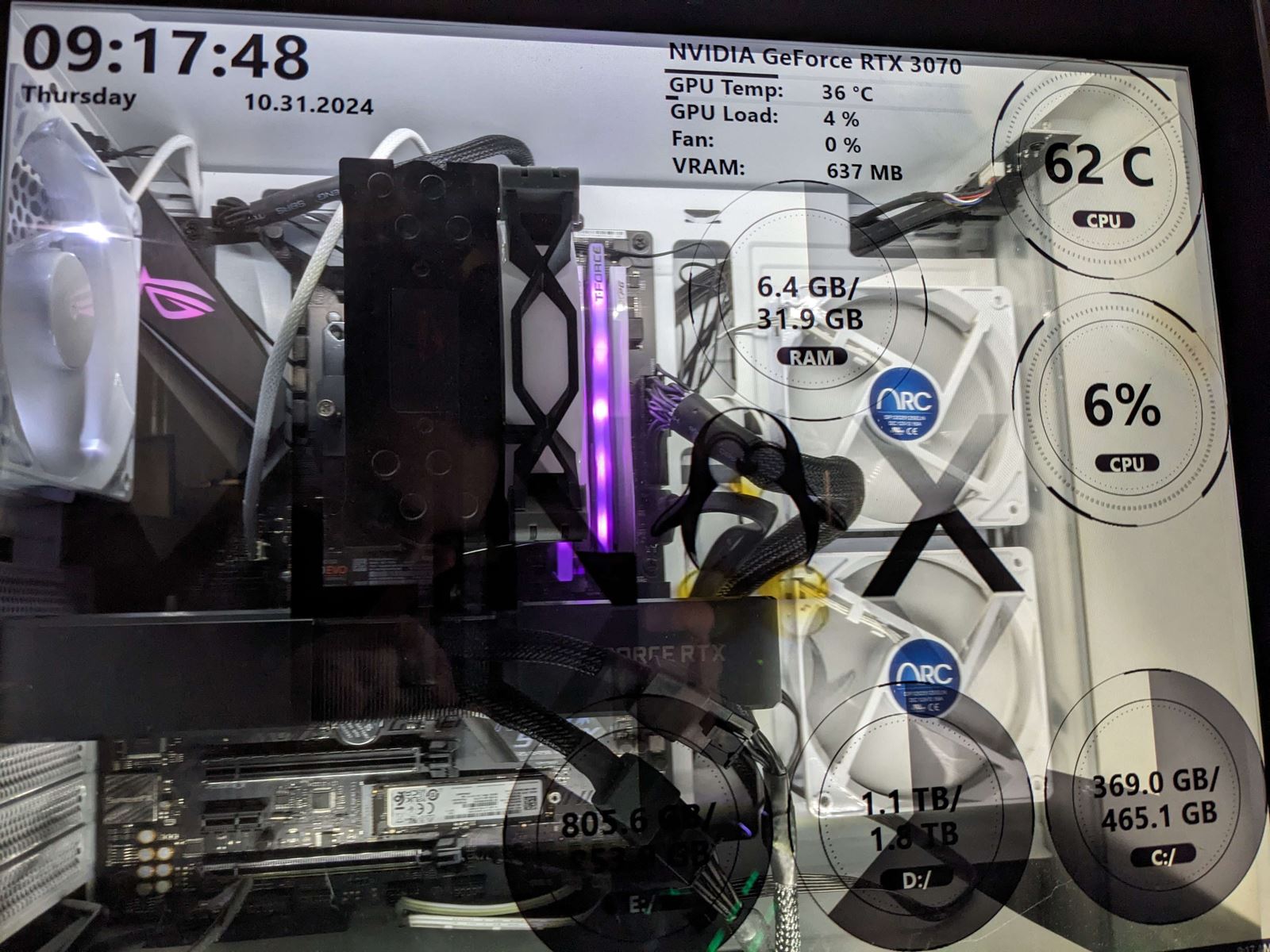 A white PC with a transparent LCD side panel showing the time, GPU, CPU, RAM and drive stats over the components inside.